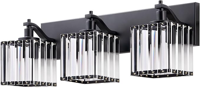 EDISHINE Bathroom Vanity Light Fixtures, 3-Light 20.47'' Crystal Bathroom Lighting Fixtures Over Mirror, Modern Wall Sconce for Powder Room, Bedroom, E26 Base, Black