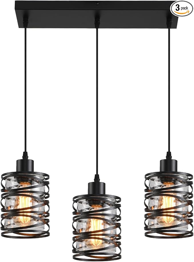 3 Light Pendant Lights Kitchen Island Black Pendant Light Fixtures Spiral Iron Kitchen Island Lighting with Clear Glass Shade Adjustable Hanging Light Fixtures