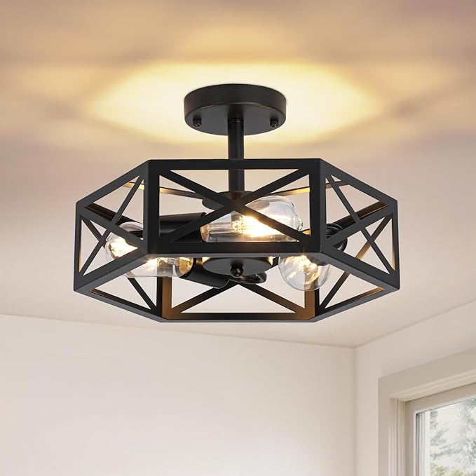 Farmhouse Light Fixtures Ceiling Mount, 3-Light Black Semi Flush Mount Ceiling Light Fixture, Close to Ceiling Hallway Lights, Industrial Rustic Ceiling Lights for Bathroom, Entryway, Kitchen