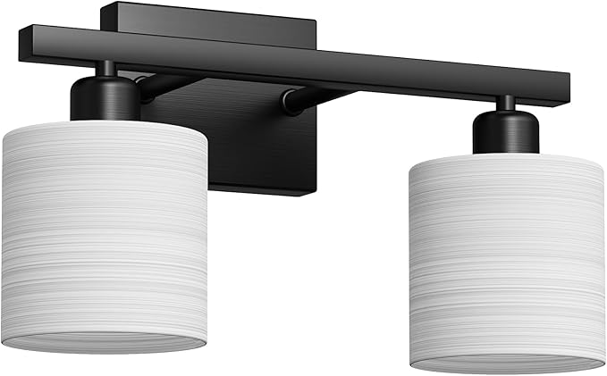 PARTPHONER Bathroom Light Fixtures, Bathroom Lighting Fixtures Over Mirror, Interior Classic Vanity Lights, Modern Vanity Light with Textured White Glass Shade, Matte Black, 2-Light