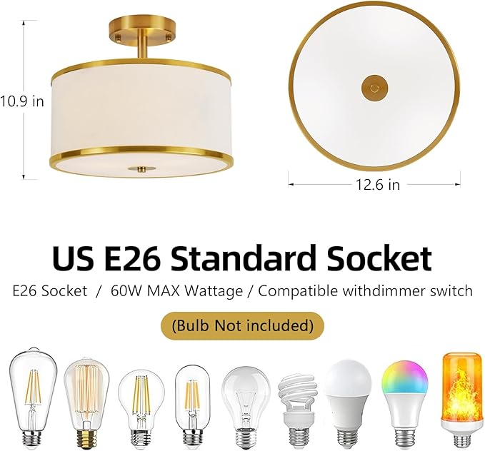 Semi Flush Mount Ceiling Light,3-Light Modern Close to Ceiling Light Fixtures, Gold Drum lamp with Fabric Shade, Hallway Light Fixtures for Foyer Bedroom Kitchen Laundry Room Living Room