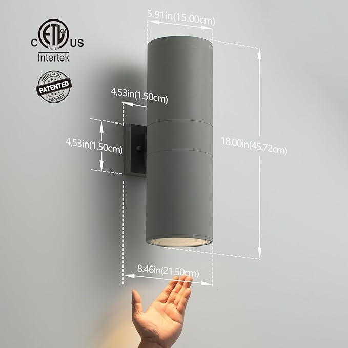 mirrea 18" Modern Outdoor Porch Light Patio Light in 2 Lights with Aluminum Cylinder and Tempered Glass Cover Waterproof Wall Sconce 2 Pack (Matte Gray)