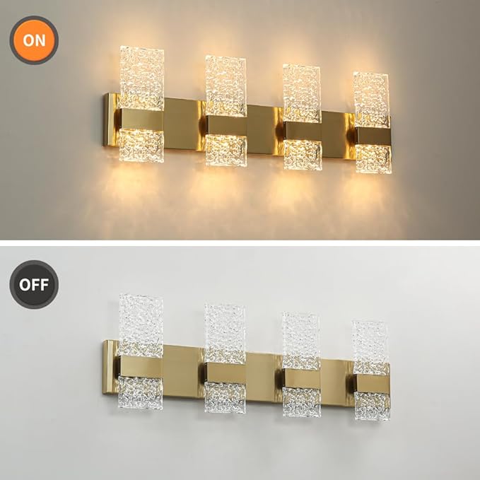 Modern Brushed Gold 8-Lights Bathroom Vanity Light, Eleglant Brass LED Bathroom Light Fixtures over Mirror, Dimmable Acrylic Shade Wall Lighting Fixtures, Hardwired Wall Light(H9.25in, L28.35in)