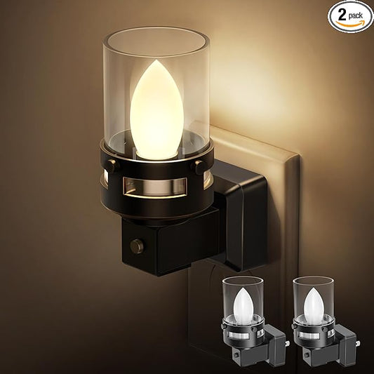 Briignite Candle Night Light Plug in [2 Pack], Vintage Night Lights Plug into Wall, LED Night Light with Dusk to Dawn Light Sensor, 3000K Warm White Candle Nightlight for Kids Hallway Bathroom Bedroom