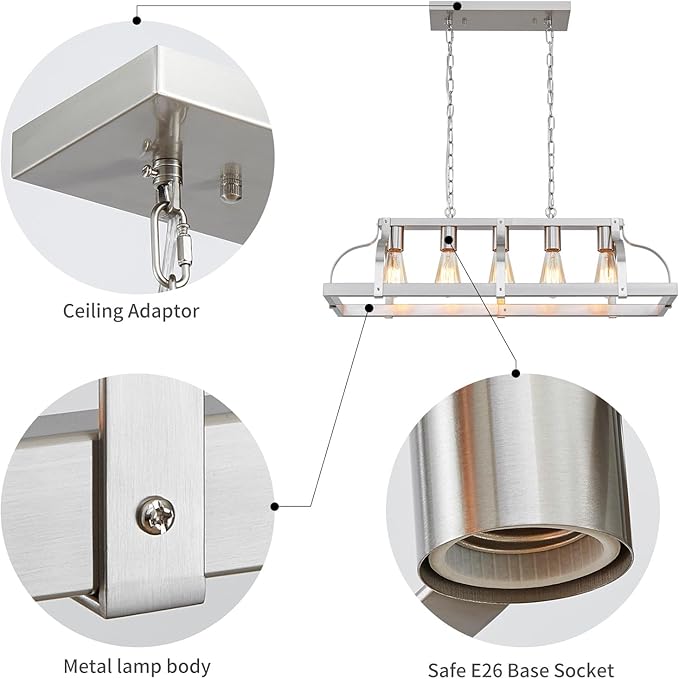 WUZUPS 5-Light Metal Chandelier Linear Pendant Ceiling Lighting Rustic Farmhouse Fixture Kitchen Island Dining Room, H 8.5" L 31.5" W10, E26 Base, Brushed Nickel
