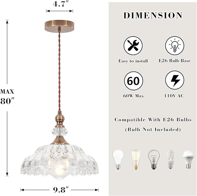 9.8" Vintage Pendant Lights for Kitchen Island, Small Brass Gold Hanging Pendant Lighting Fixture for Dining Room Hallway Bedroom