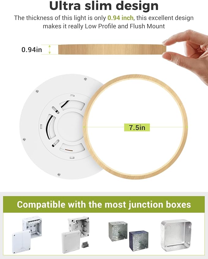 6PACK Flush Mount Ceiling Light Fixtures - 3000K-4000K-6500K & 100W Equivalent Flat Led Lights for Room Ceiling,7.5Inch Ultra Thin Round White Ceiling Lights for Bedroom,Kitchen,Bathroom (Wood