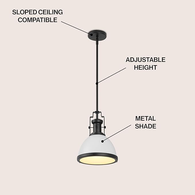 JONATHAN Y 10" Matte Black/White Modern Industrial Iron LED Dome Pendant Light, Adjustable Hanging Fixture for Kitchen Island or Entryway, Black Metal Shade, LED Bulb Included (JYL9535E)