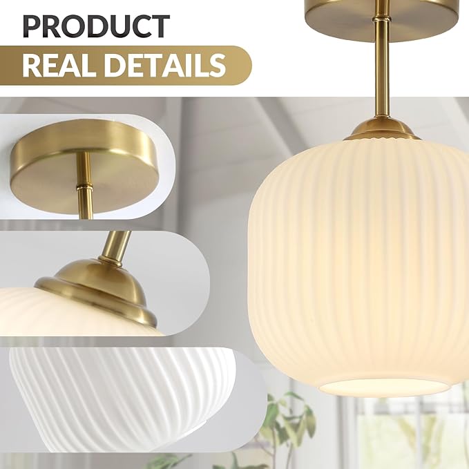 BOKT Vintage Semi Flush Mount Ceiling Light 7.9" Stripe Glass Shade Modern Ceiling Lamp Mid Century Gold Ceiling Light Fixture for Farmhouse, Kitchen Island, Hallway