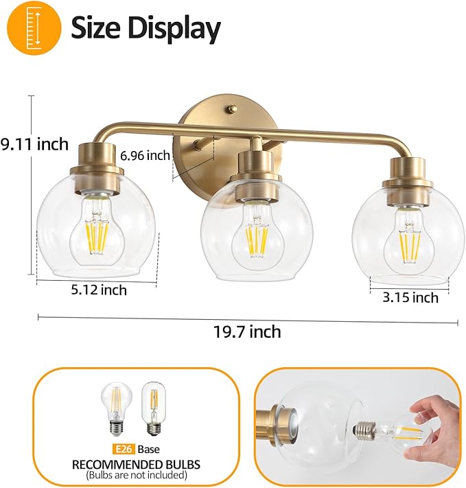 Bathroom Light Fixtures Gold Vanity Light 3 Light Wall Sconces Lighting Brushed Brass Lights with Clear Globe Glass Shades Bath Wall Lamp for Mirror Kitchen Living Room Bedroom Hallway