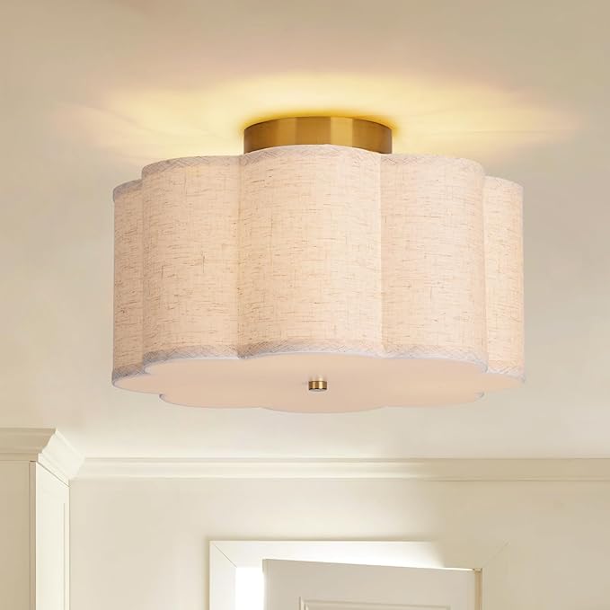 3-Light Flush Mount Ceiling Light,12.6inch Drum Ceiling Light Fixture,Entryway Light Fixtures Ceiling Mount with Linen Fabric Shade, Flush Mount Light Fixture for Bedroom, Living Room