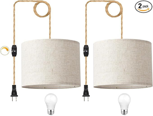 KUAUGST Plug in Pendant Light, Hanging Light with Plug in Cord with Dimmable Switch, Hanging Lamp with 15ft Hemp Rope, Beige Linen Shade, Fixture for Bedroom, Living Room 2 Pack
