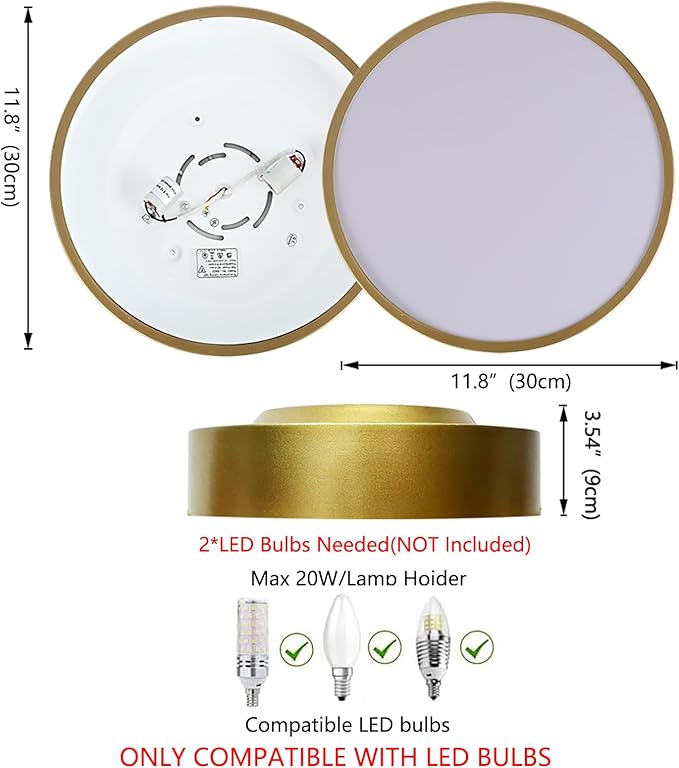 Modern Flush Mount Ceiling Light, 2-Light Round Gold, 11.8" Acrylic Shade for Bedroom, Kitchen, Living Room