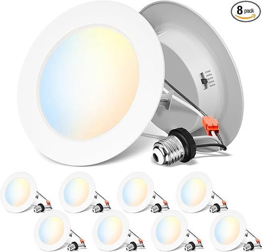 ANWIO Recessed Lighting 4 Inch, 5CCT Flat Retrofit LED Recessed Lights Can Needs, 2700/3000/4000/5000/6000K Selectable Can Lights 7W(85W Equivalent) CRI 80+ Dimmable E26 Base IC Rated & ETL 8 Pack