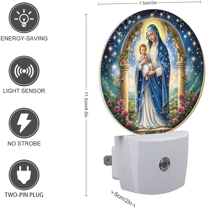 Round LED Night Lights Lamp with Dusk to Dawn Sensor, Mary Holding The Baby Jesus in Arms Night Light Plug Into Wall for Kids Room, Bedroom, Bathroom, Kitchen, Hallway