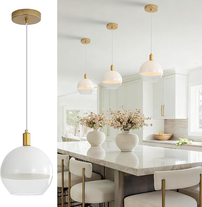 GlowHub Gold Glass Pendant Light for Kitchen Island Milk White Modern Pendant Light Fixture 1-Light Globe Ceiling Hanging Light Adjustable for Farmhouse Dining Room Bedroom Hallway