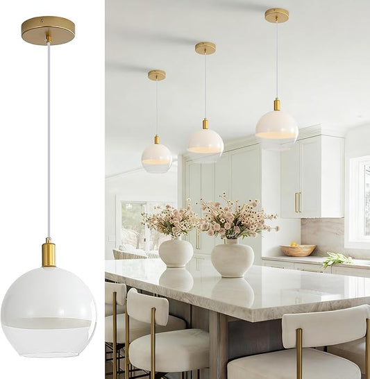 GlowHub Gold Glass Pendant Light for Kitchen Island Milk White Modern Pendant Light Fixture 1-Light Globe Ceiling Hanging Light Adjustable for Farmhouse Dining Room Bedroom Hallway