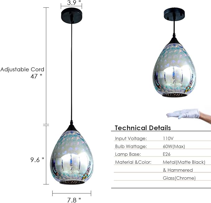 Yisuro Modern 3D Pendant Lights Kitchen Island 1 Pack, Farmhouse Colorful Glass Pendant Light with Clear Globe Shade, Kitchen Island Lighting for Dining Room Entryway, 7.8-inch Diameter