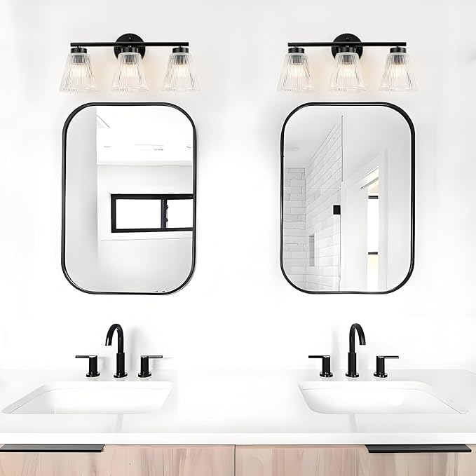 OCIOC Black Bathroom Vanity Lights, 3-Light Modern Bathroom Light Fixtures with Striped Glass Shade, Bathroom Wall Lamp over Mirror, for Living Room, Bedroom, Hallway,Cabinet Porch