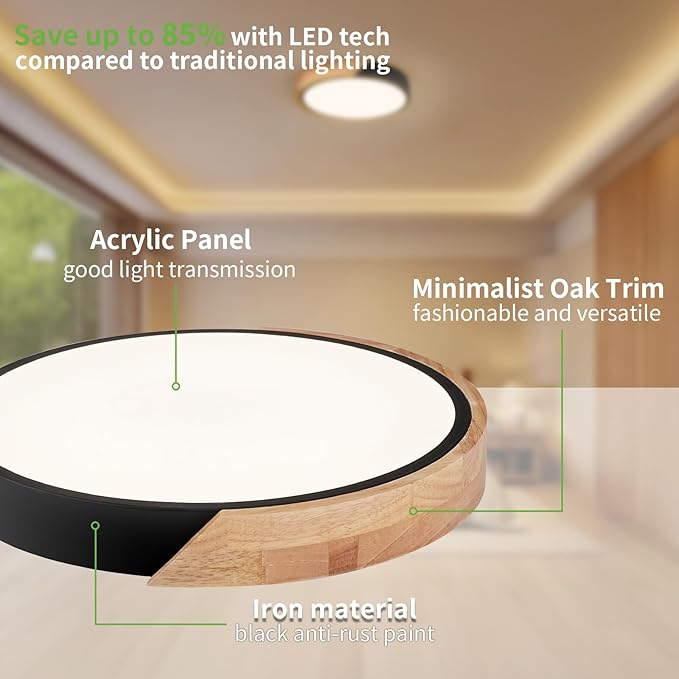 Modern LED Ceiling Light for Bedroom: Minimalist Wood Flush Mount Ceiling Light Fixture with Acrylic Lampshade - 3000K Not Dimmable Overhead Ceiling Lamps for kitchen hallway living room (11.8" Black)