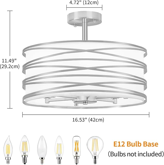 TOULMJ 6-Light Semi Flush Mount Ceiling Light, 16.53‘’ Brushed Nickel Drum Chandelier with White Fabric Shade, Modern Farmhouse Dimmable Light Fixtures for Kitchen Laundry Hallway Dining Room Foyer