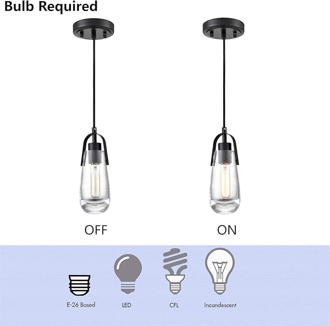 DEYNITE Mini Glass Pendant Light Fixtures Black Hanging Light with Clear Glass for Kitchen Bathroom Dining Table
