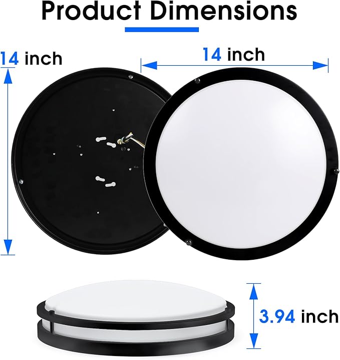 Energetic 14 Inch LED Flush Mount Ceiling Light Fixture, 3000K/4000K/5000K Color Adjustable, Dimmable Ceiling Light for Bedroom, Kitchen, Bathroom, Hallway, Garage, 24W, 1560LM, Black, ETL, 1 Pack