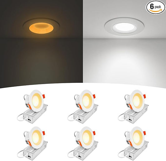 3 Inch Anti-Glare Recessed LED Downlight with Night Light, Deep Baffle Design, Dimmable, 2700K-5000K 5CCT Selectable, with Junction Box, Canless, 680lm, ETL Listed, White, 6-Pack