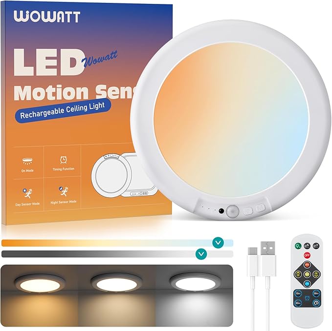 wowatt Battery Operated Ceiling Light Rechargeable Ceiling Lights with Remote Wireless Shower Lighting 3000K 4500K 6500K 7.48in Dimmable Timing Overhead Light for Closet Shower Living Room