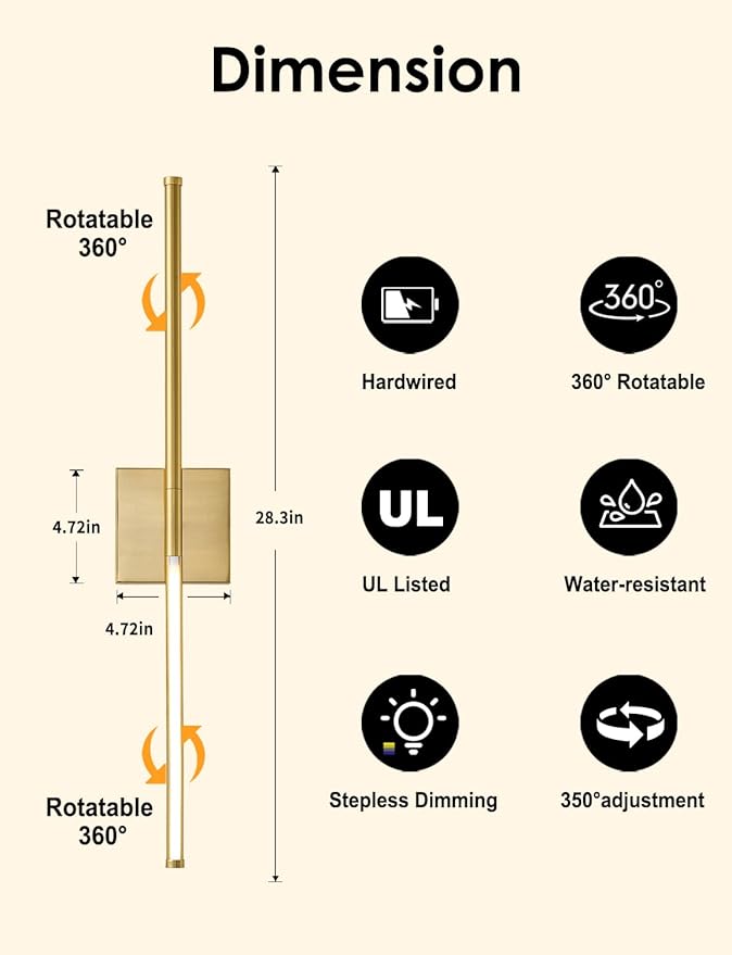 KARTOOSH 27.8 Inch Hardwired Wall Sconces Set of Two, 3000K Warm White Dimmable Modern Wall Sconces, 350° Rotate LED Light Fixtures Wall Lamp for Bathroom Living Room Bedroom Bedside, Brushed Brass