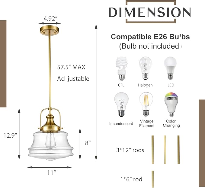 DEYNITE Modern Schoolhouse Pendant Light Fixtures Brass Hanging Kitchen Light with Clear Shade, E26 Light for Dining Room, Bedroom, Bathroom