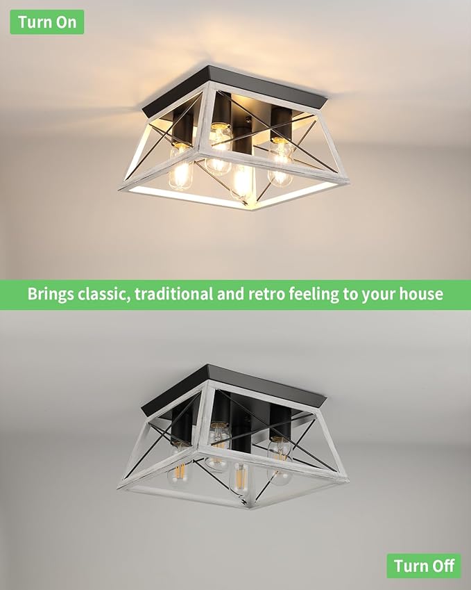 Farmhouse Oak White Flush Mount 4-Light Industrial Kitchen Ceiling Lights, Rustic Flush Mount for Dining Room, Bedroom, Hallway, Entryway, Foyer