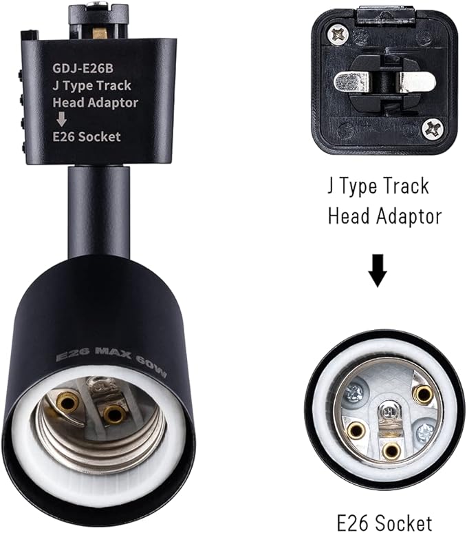 mirrea J Type Track Lighting Head to E26 Medium Screw Base Adapter Light Direction Adjustable Pack of 3 (Black)
