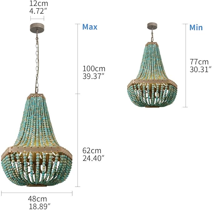 Newrays Wood Bead Chandelier Pendant Gray Blue Finishing Bohemian Boho Beachy Ceiling Lamp Light Fixtures (18.89 in*24.40 in)
