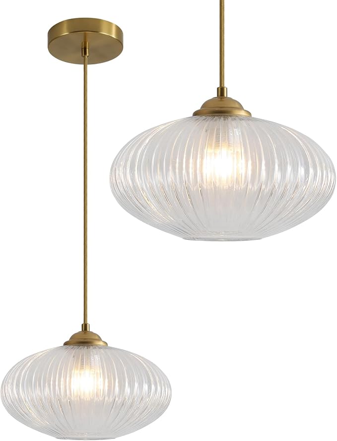 Mid Century Clear Glass Pendant Lights Kitchen Island Modern Brushed Gold Hanging Light Fixture Vintage 1 Light Single Indoor Round Pendant Lighting Adjustable Globe Hanging Lamps MPL30-D