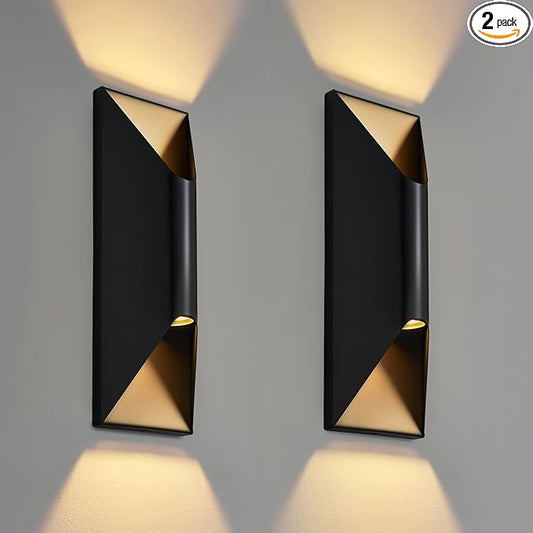 Outdoor Wall Light Fixtures 2 Pack, 15" Up and Down Waterproof Porch Wall Sconce, Replaceable Bulb, 3000K LED, Modern Black Outside Lights for House, Front Door, Garage
