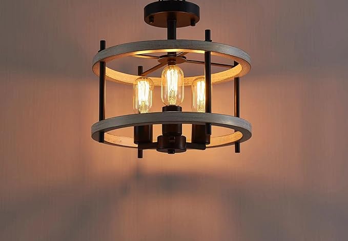 AGV LIGHTING Semi Flush Mount Ceiling Light Fixture, 3-Light Farmhouse Light Fixture Ceiling Mount White Ash Wood Texture Finish