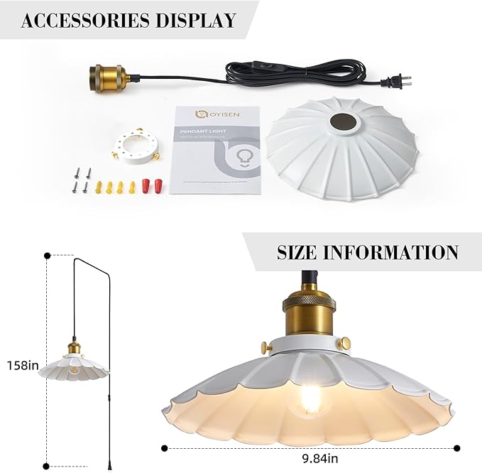 Plug in Pendant Light Industrial 9.8 Inch White Lampshade Kitchen Island On/Off Switch Hanging Lamp Plug in Adjustable 14Ft Cord Hanging Lights for Bedroom and Living Room
