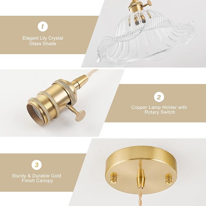 Vintage Pendant Lights Kitchen Island 3 Pack, Adjustable Pendant Light Fixtures with Transparent Lily Glass Lampshade, Gold Kitchen Pendant Lighting Over Island, Pendant Light for Dining Room Hallway
