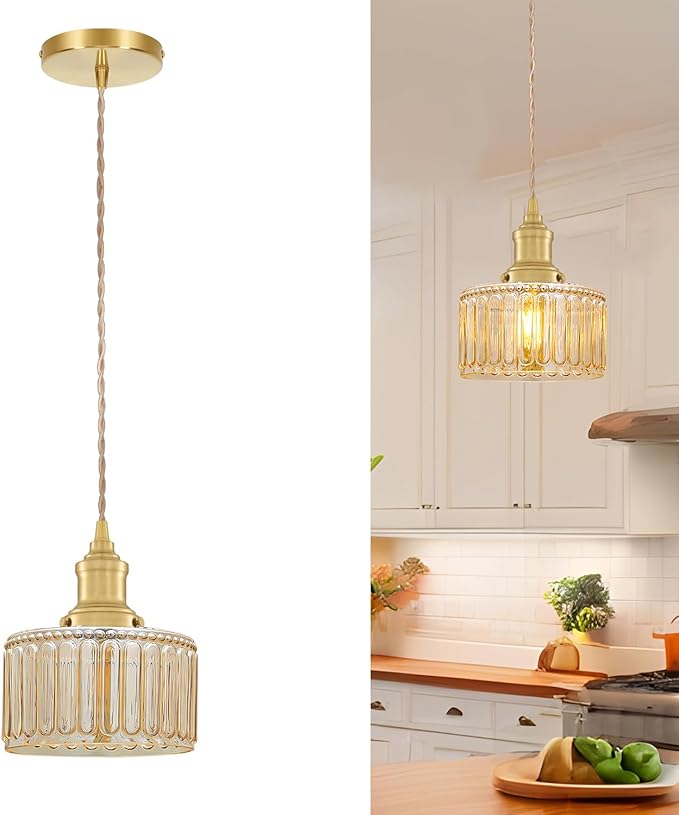 Vintage Pendant Light with Amber Striped Glass Lmapshade, Gold Pendant Lights Kitchen Island, Brass Kitchen Pendant Lighting over Island, Adjustable Hanging Light for Entrance Bathroom Dining Room
