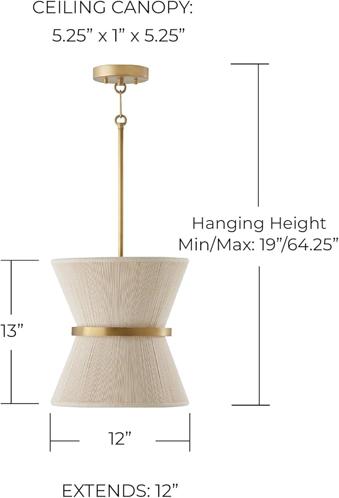 Capital Lighting 341211NP Cecilia Transitional Art Deco Luxe Hand-Wrapped Bleached Natural Rope Tapered Pendant Light Fixture, 1-Light 100 Watt, 13" H x 12" W, Patinaed Brass