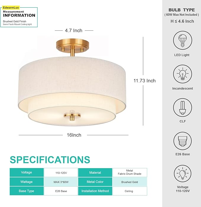 3-Light Semi Flush Mount Ceiling Light, 16" Drum Light with White Fabric Shade, Modern Close to Ceiling Lamp for Living Room Bedroom Dining Kitchen Hallway Entry (Brushed Gold)
