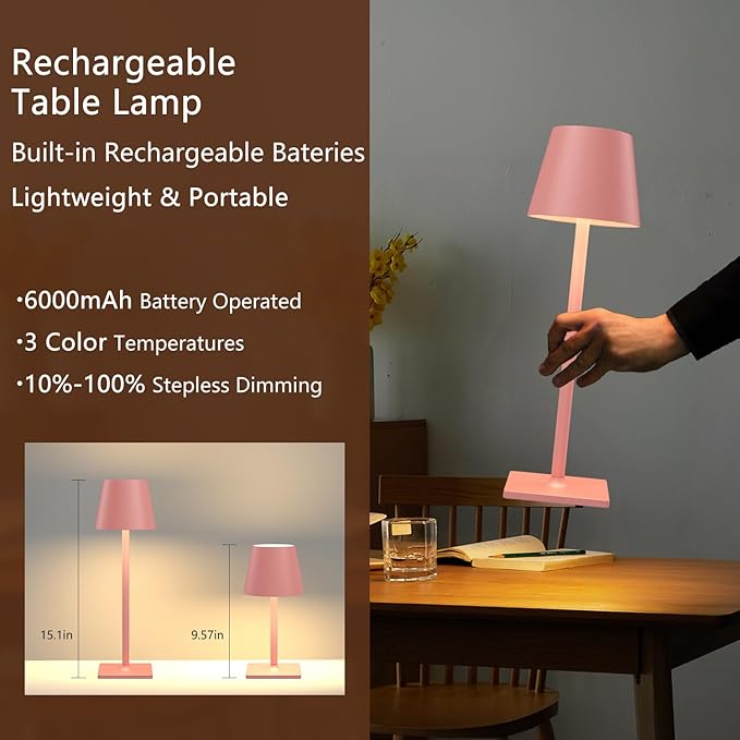 2 Pack Rechargeable Table Lamp - Cordless LED Lamp with 6000mAh Battery Operated LED Desk Lamp, Portable Table Light Outdoor for Dinner Patio Restaurant Bar Bedroom Coffee Shop Night Light(Pink)
