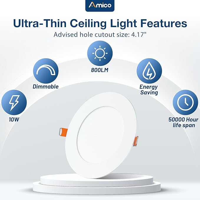 Amico 1 Pack 4 Inch 5CCT Ultra-Thin LED Recessed Ceiling Light with Junction Box