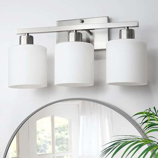 CANMEIJIA 3-Light Bathroom Vanity Light Fixtures with Brushed Nickel, Modern Vanity Lighting for Bedroom Living Room, Vanity Lights with Milky White Glass Shades, E26 Socket, Bulbs Not Included