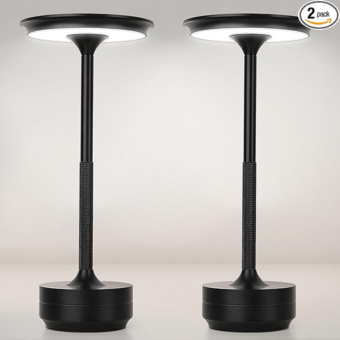 2-Pack Cordless Table Lamp Rechargeable 5000mAh, 3-Color Stepless Dimming Touch Sensor, Portable LED Desk Light for Bedroom, Nightstand, Camping, Patio (2-Pack Black)
