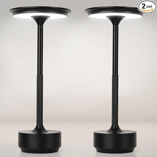 2-Pack Cordless Table Lamp Rechargeable 5000mAh, 3-Color Stepless Dimming Touch Sensor, Portable LED Desk Light for Bedroom, Nightstand, Camping, Patio (2-Pack Black)
