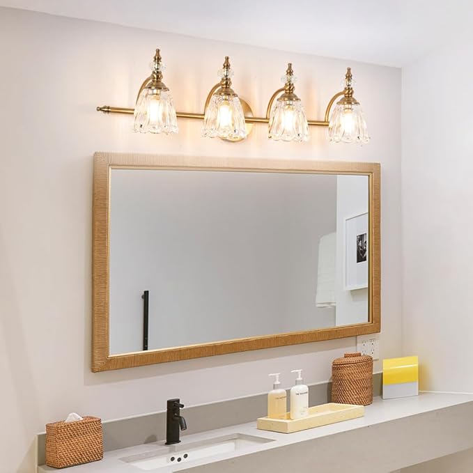 Brushed Antigue Brass Bathroom Light Fixtures 4 Lights, Antique Brass Vanity Light, Vanity Light Over Mirror, Vintage Bathroom Light with Clear Flower Glass, Lights for Wall Interior Hallway