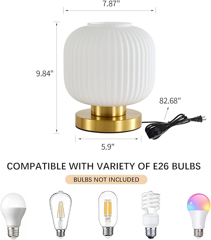 Dimmable Small Glass Table Lamp: Mid Century Modern Nightstand Light with Milk White Shade - Small Decorative Brass Desk Lamp - Ribbed Glass Bedside Tables Lamps for Bedroom Living Room Bulb Excluded