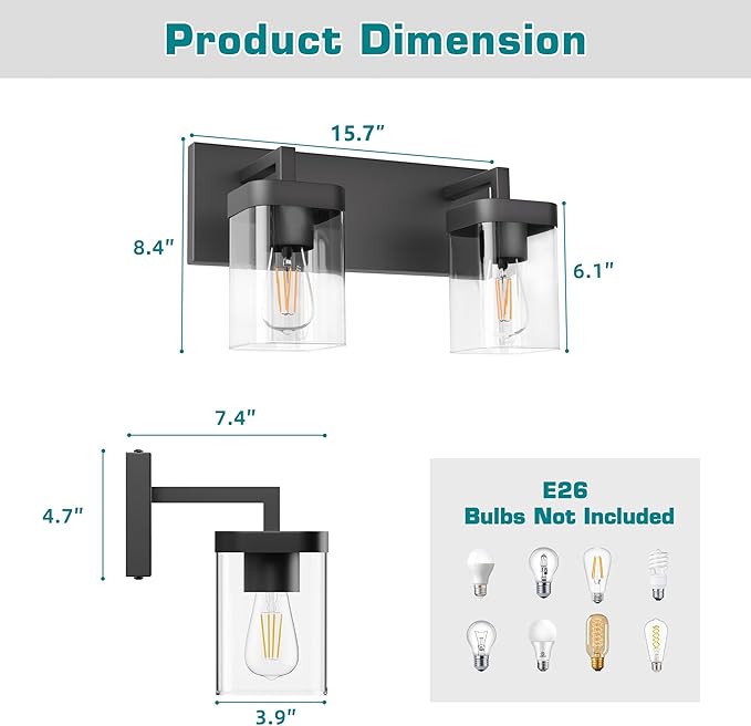 Bathroom Vanity Light, Square Design 2 Lights Morden Bathroom Lighting Fixtures Over Mirror, Black Light Fixtures for Living Room/Bedroom